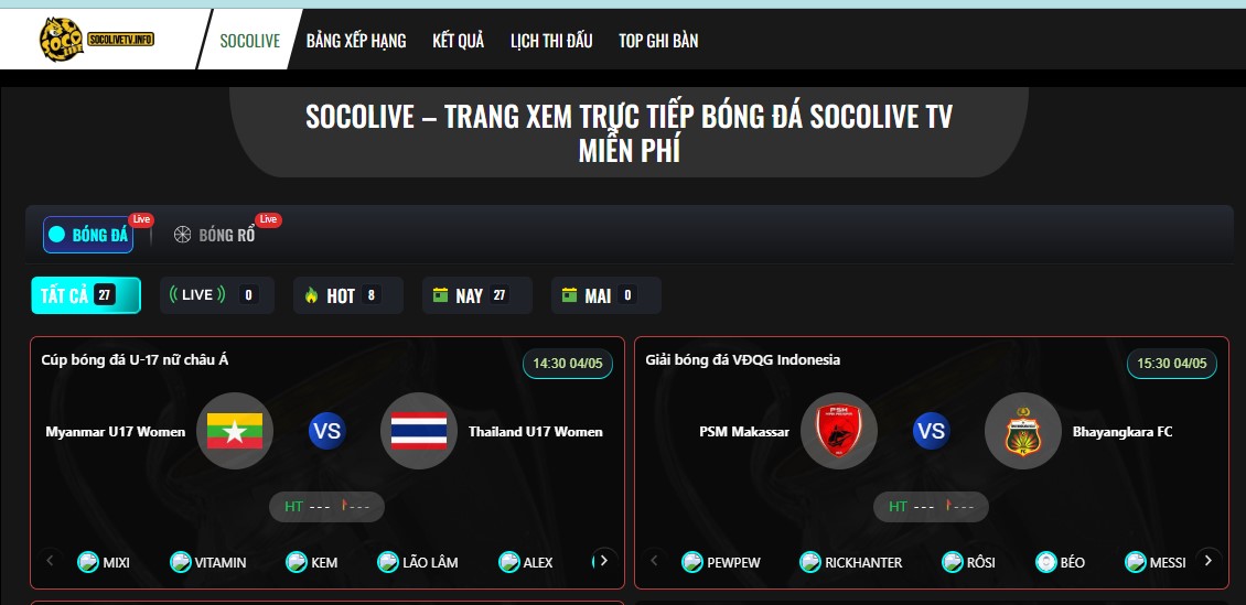 Giao diện socolive TV